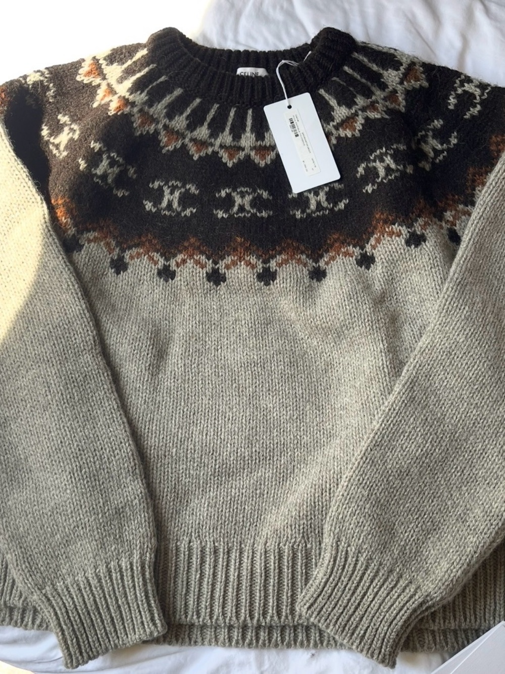 Celine Brown Fair Isle Wool Sweater with Cream & Rust Accents